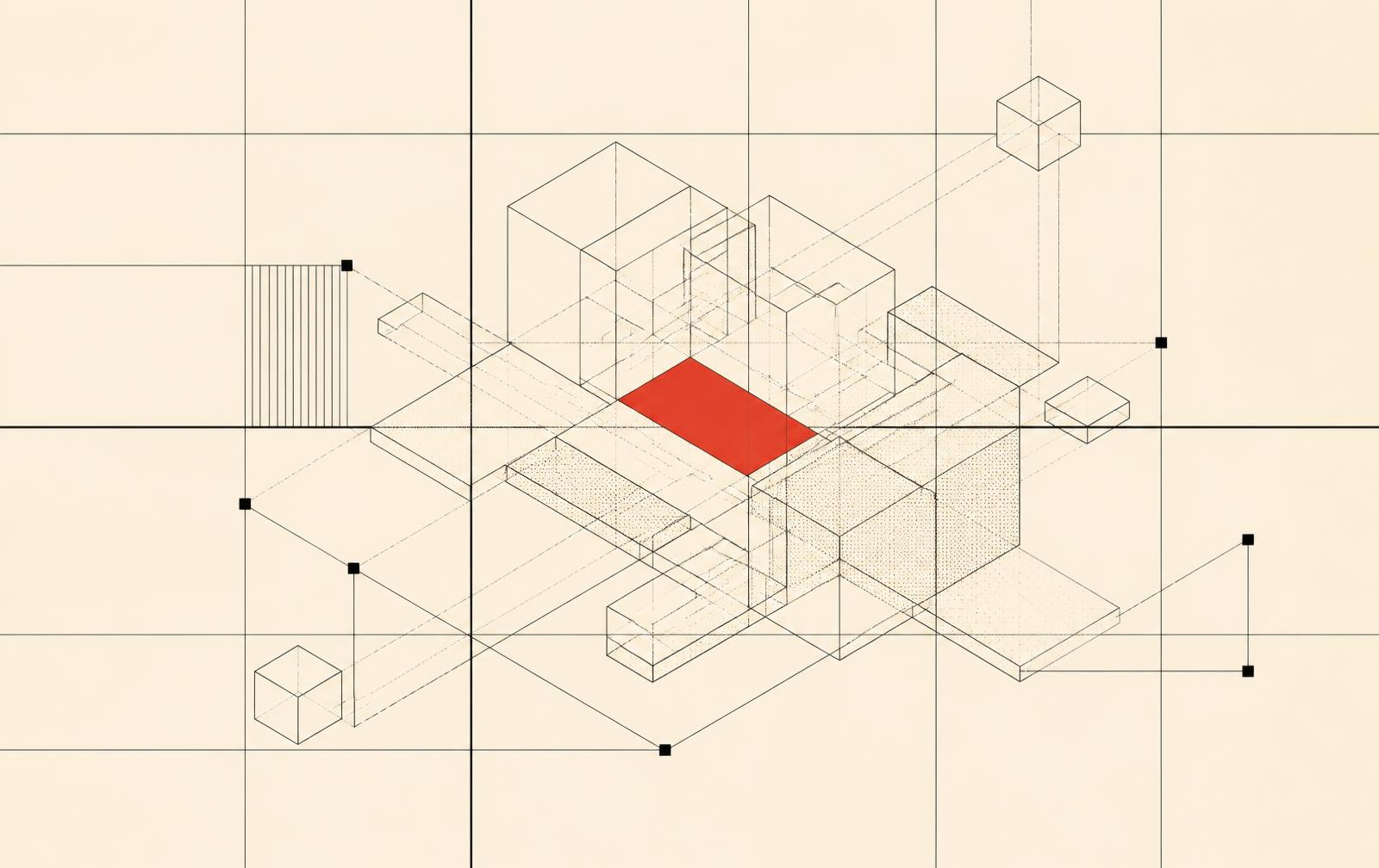 Isometric line drawing of modular software architecture components arranged on a technical grid